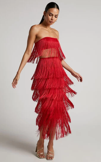 Showpo Amalee Fringe Strapless Crop Top And Midi Skirt Two Piece Set In Red