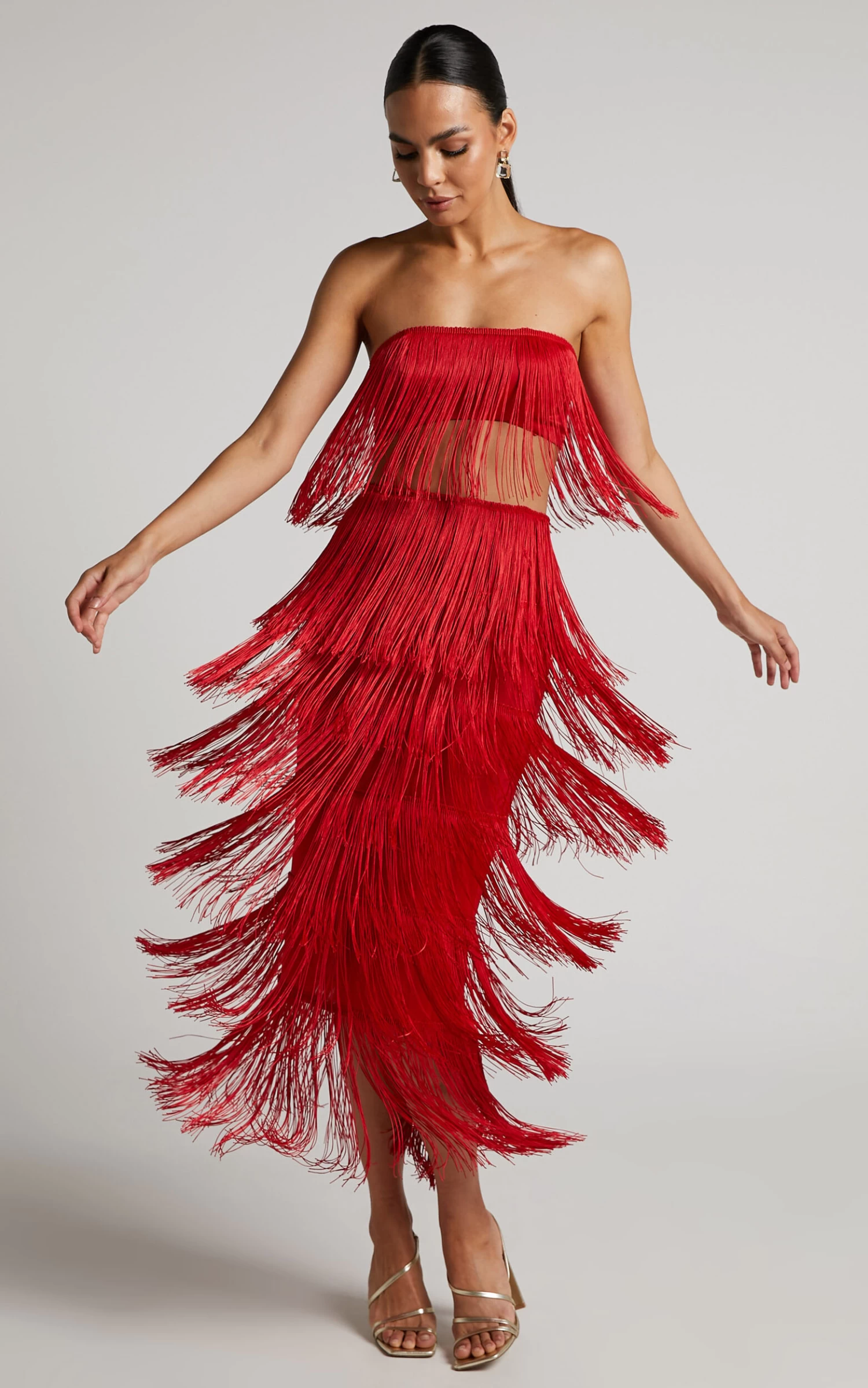 Showpo Amalee Fringe Strapless Crop Top And Midi Skirt Two Piece Set In Red - Image 4