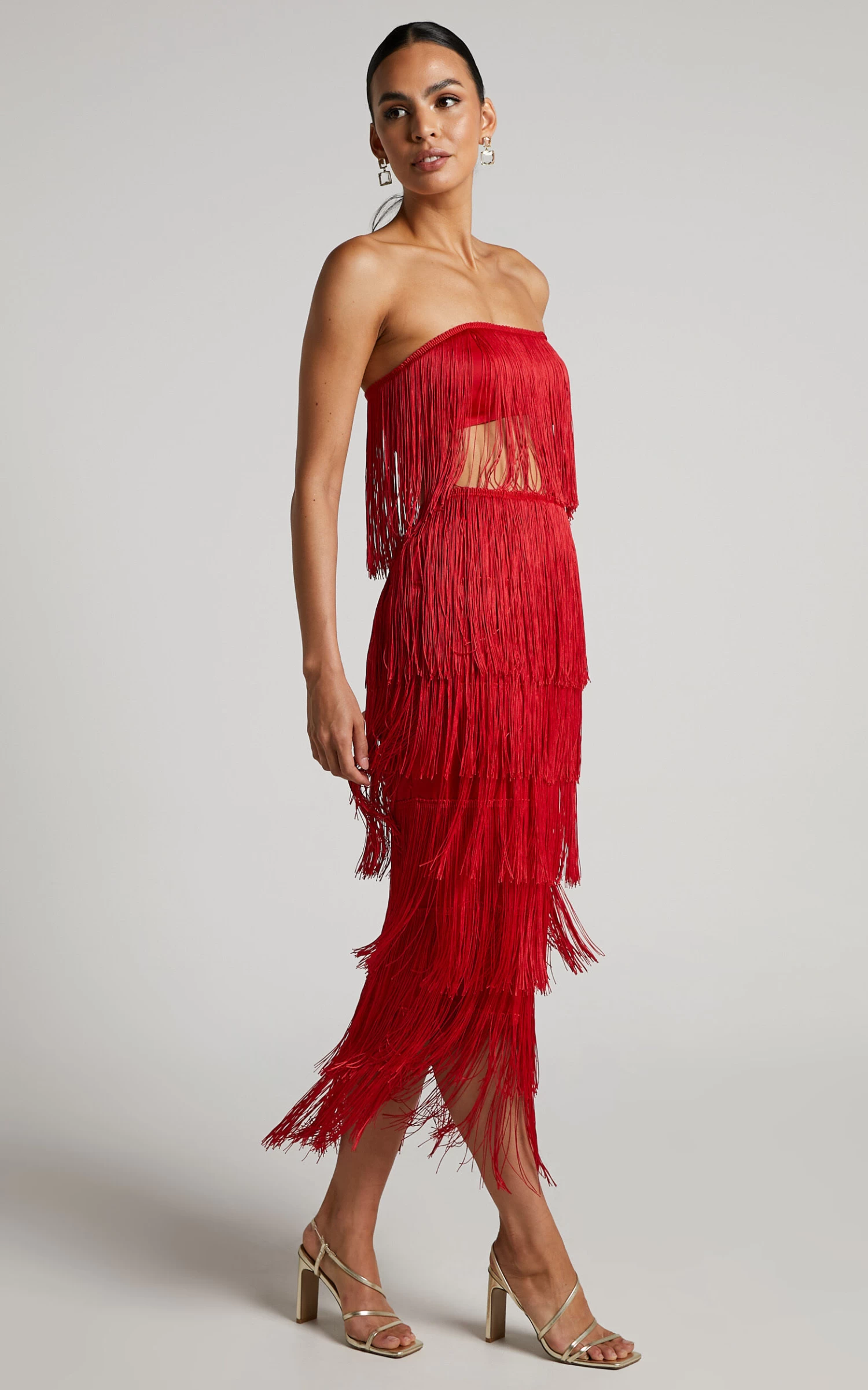 Showpo Amalee Fringe Strapless Crop Top And Midi Skirt Two Piece Set In Red - Image 3