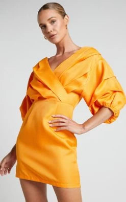 Showpo Anastasija Mini Dress - Off Shoulder V Neck Dress In Mango