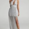 Showpo Anicee Cut Out One Shoulder Plisse Maxi Dress In Silver