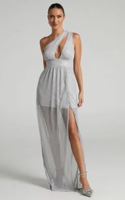 Showpo Anicee Cut Out One Shoulder Plisse Maxi Dress In Silver