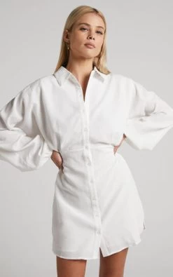 Showpo Arabelle Mini Dress - Collared Balloon Sleeve Shirt Dress In White