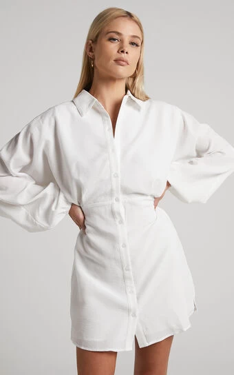 Showpo Arabelle Mini Dress - Collared Balloon Sleeve Shirt Dress In White