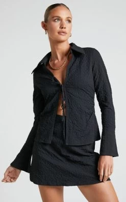 Showpo Arabelle Two Piece Set - Tie Front Long Sleeve Top And Mini Skirt In Black