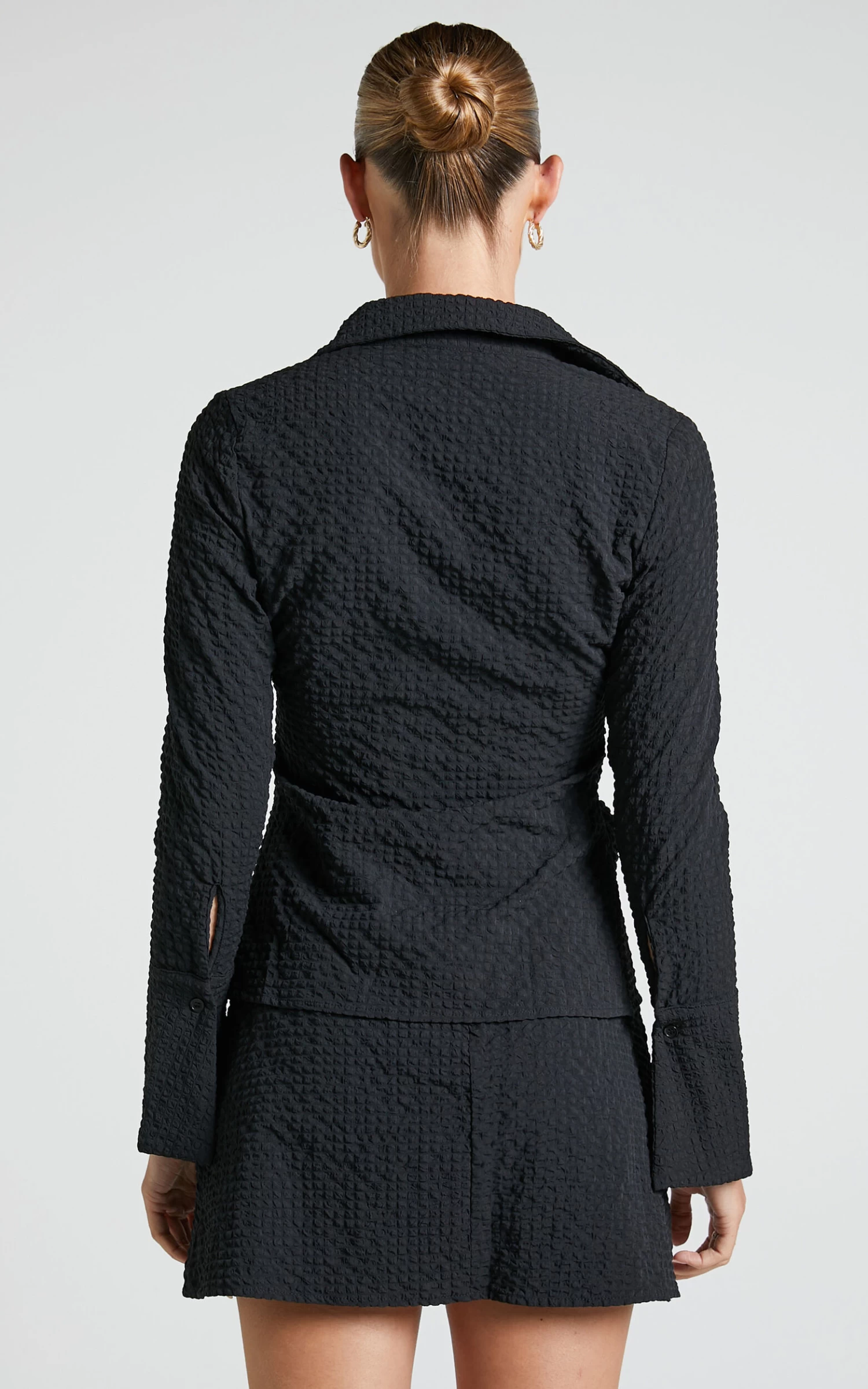 Showpo Arabelle Two Piece Set - Tie Front Long Sleeve Top And Mini Skirt In Black - Image 6