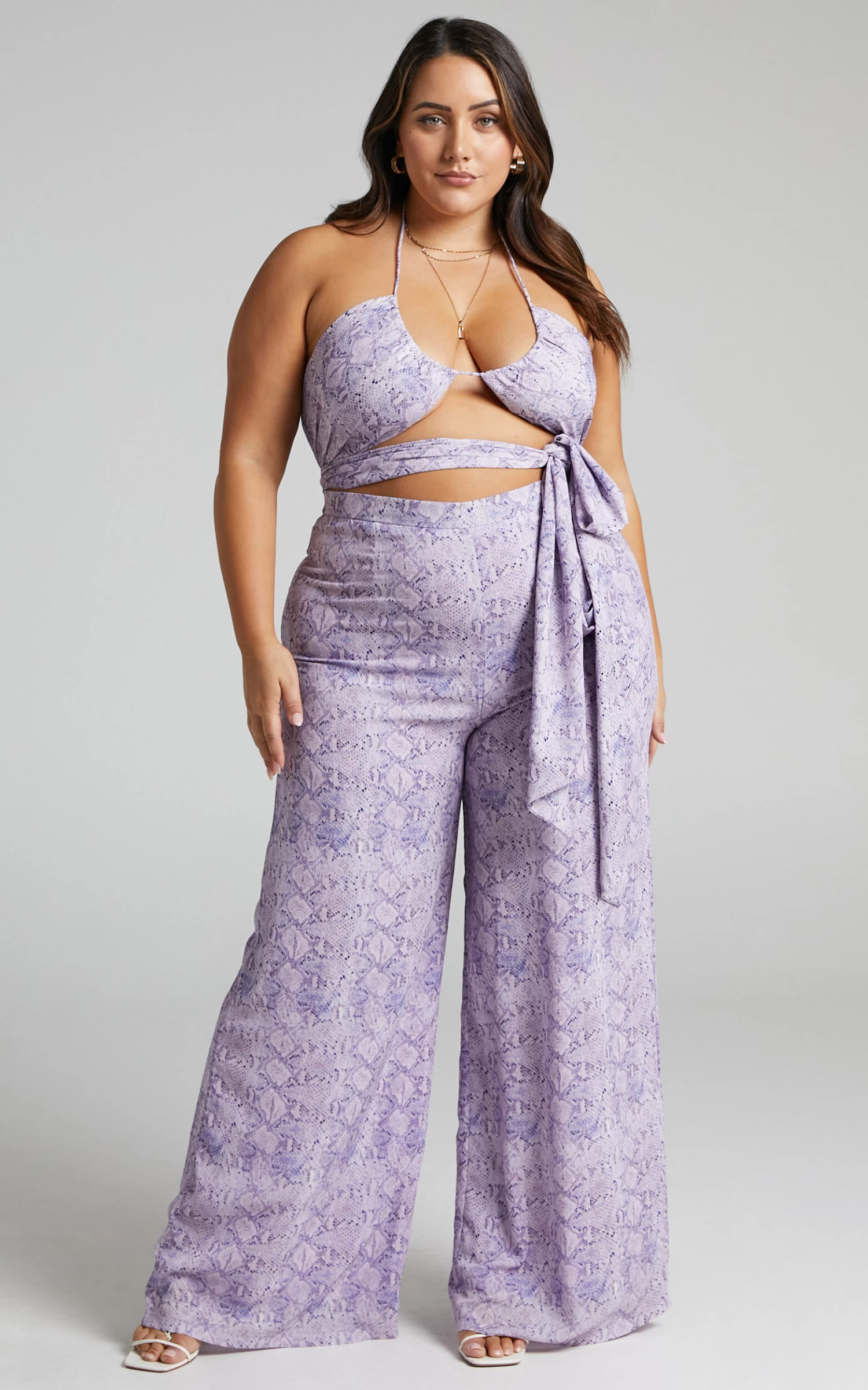 Showpo Ariha High Waist Wide Leg Pants In Lilac Snake Print - Image 3