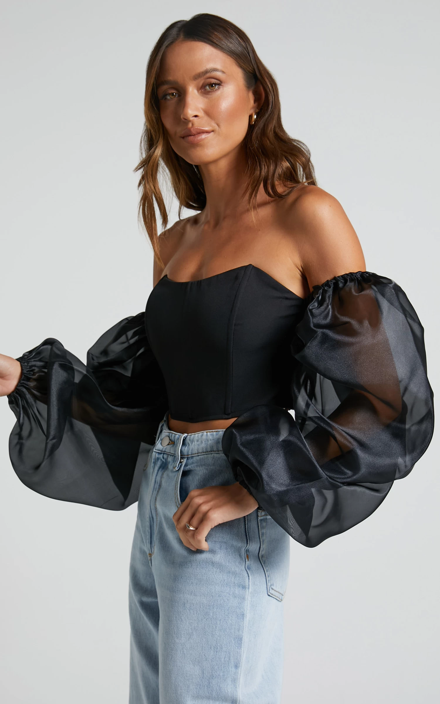 Showpo Armanda Top - Sheer Puff Sleeve Corset Bustier Crop Top In Black - Image 4