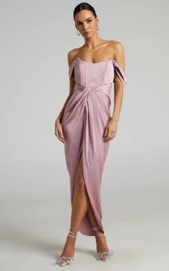 Showpo Azrael Twist Front Strapless Off Shoulder Satin Maxi Dress In Blush
