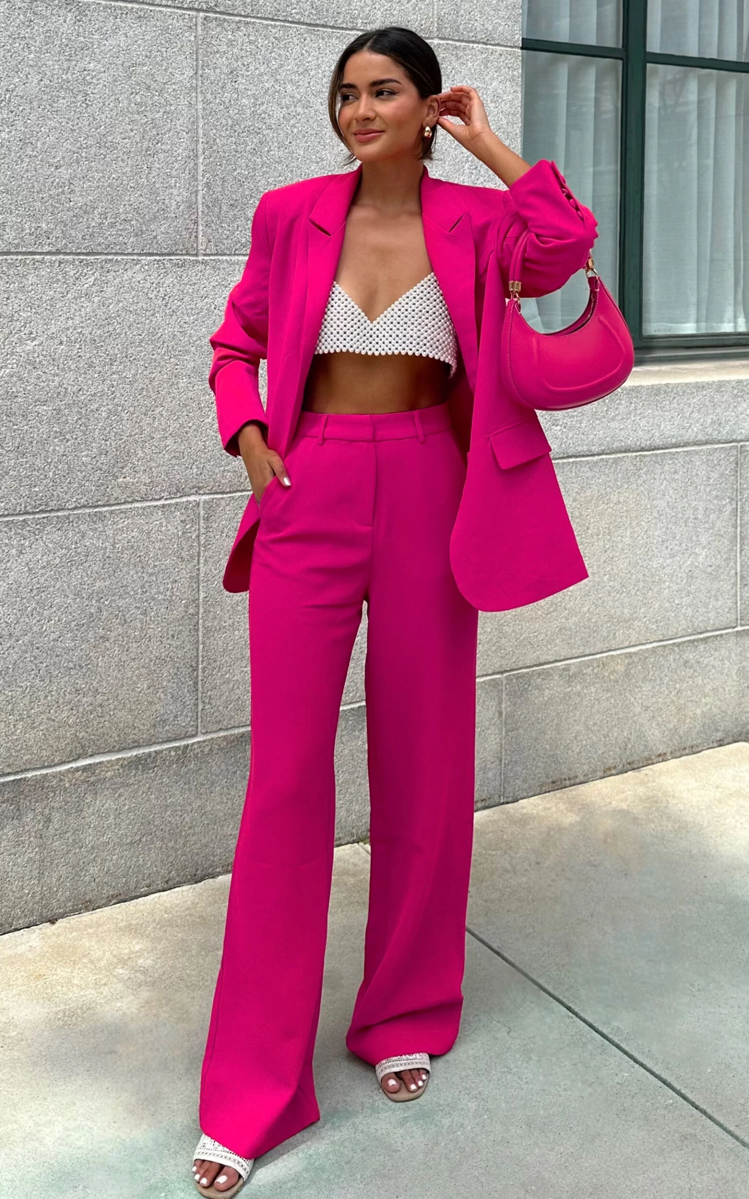 Showpo Bonnie High Waisted Tailored Wide Leg Pants In Pink - Image 2