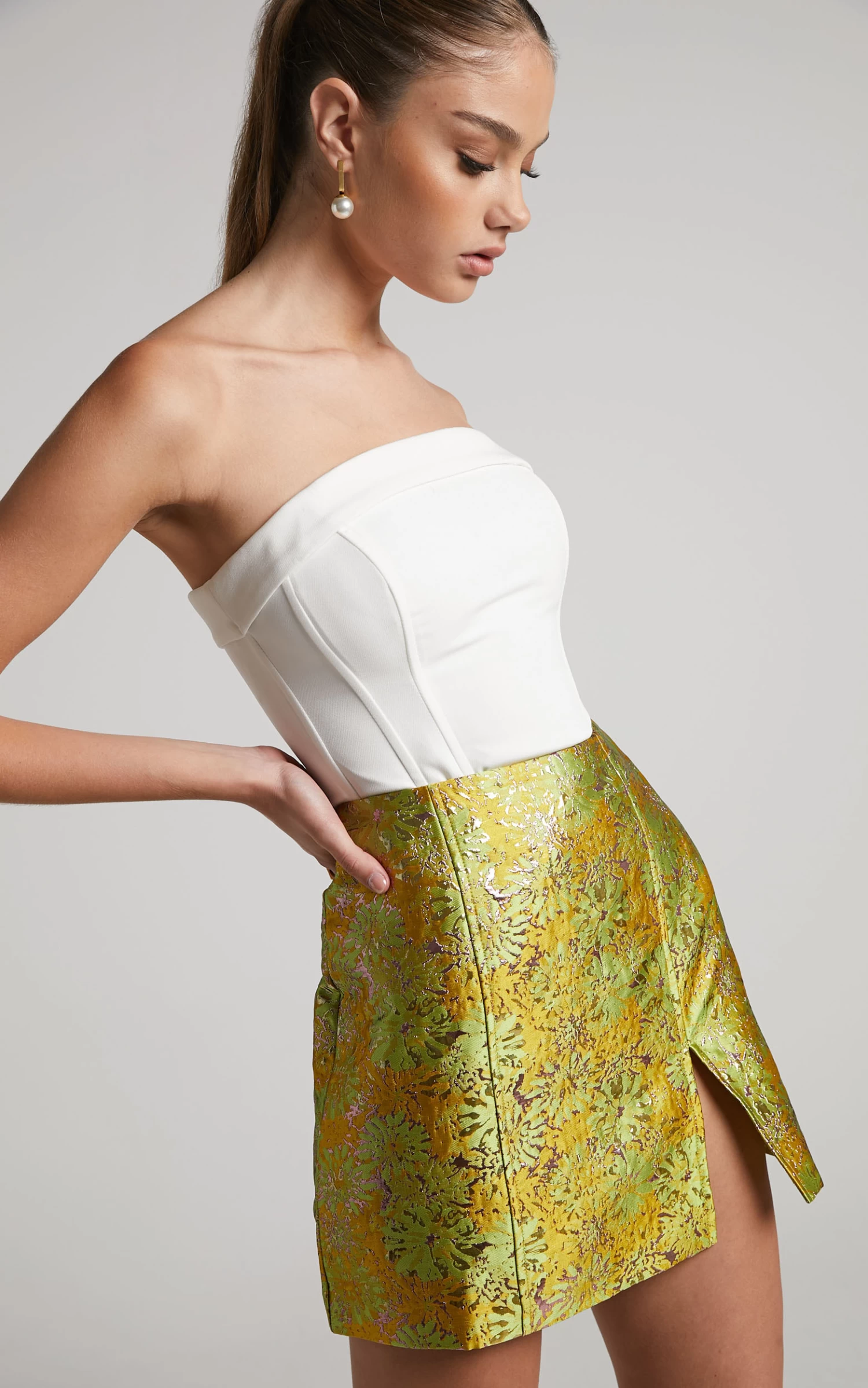 Showpo Brailey Mini Skirt - Split Jacquard Skirt In Lime - Image 4