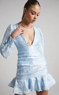 Showpo Baxia Textured Balloon Sleeve Mini Dress In Light Blue