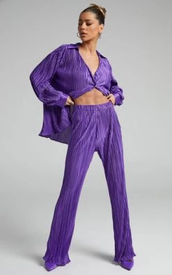 Showpo Beca High Waisted Plisse Flared Pants In Purple