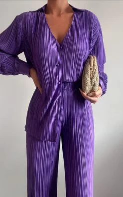 Showpo Beca Plisse Button Up Shirt In Purple
