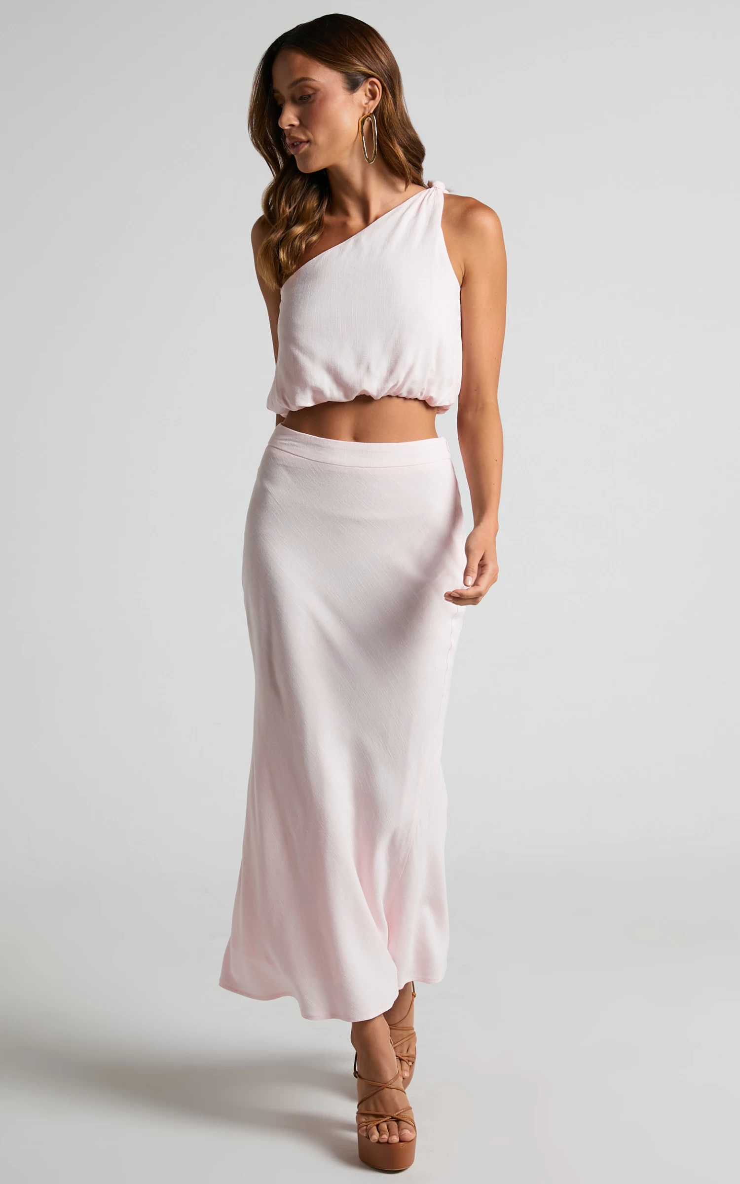 Showpo Bethia Two Piece Set - One Shoulder Top And Midi Skirt In Light Pink - Image 3