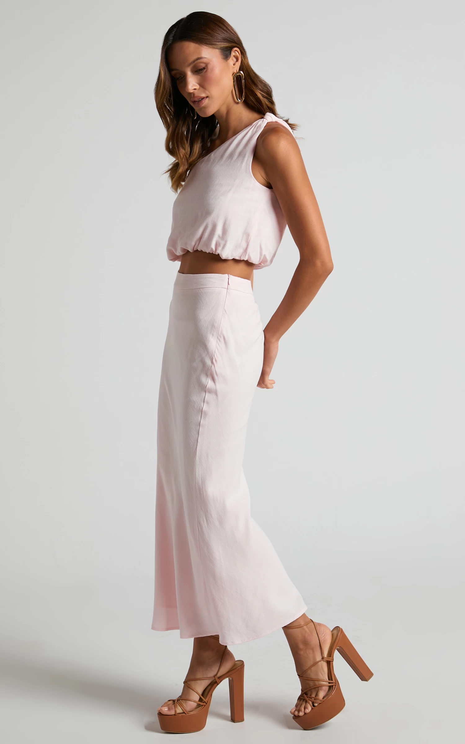 Showpo Bethia Two Piece Set - One Shoulder Top And Midi Skirt In Light Pink - Image 7