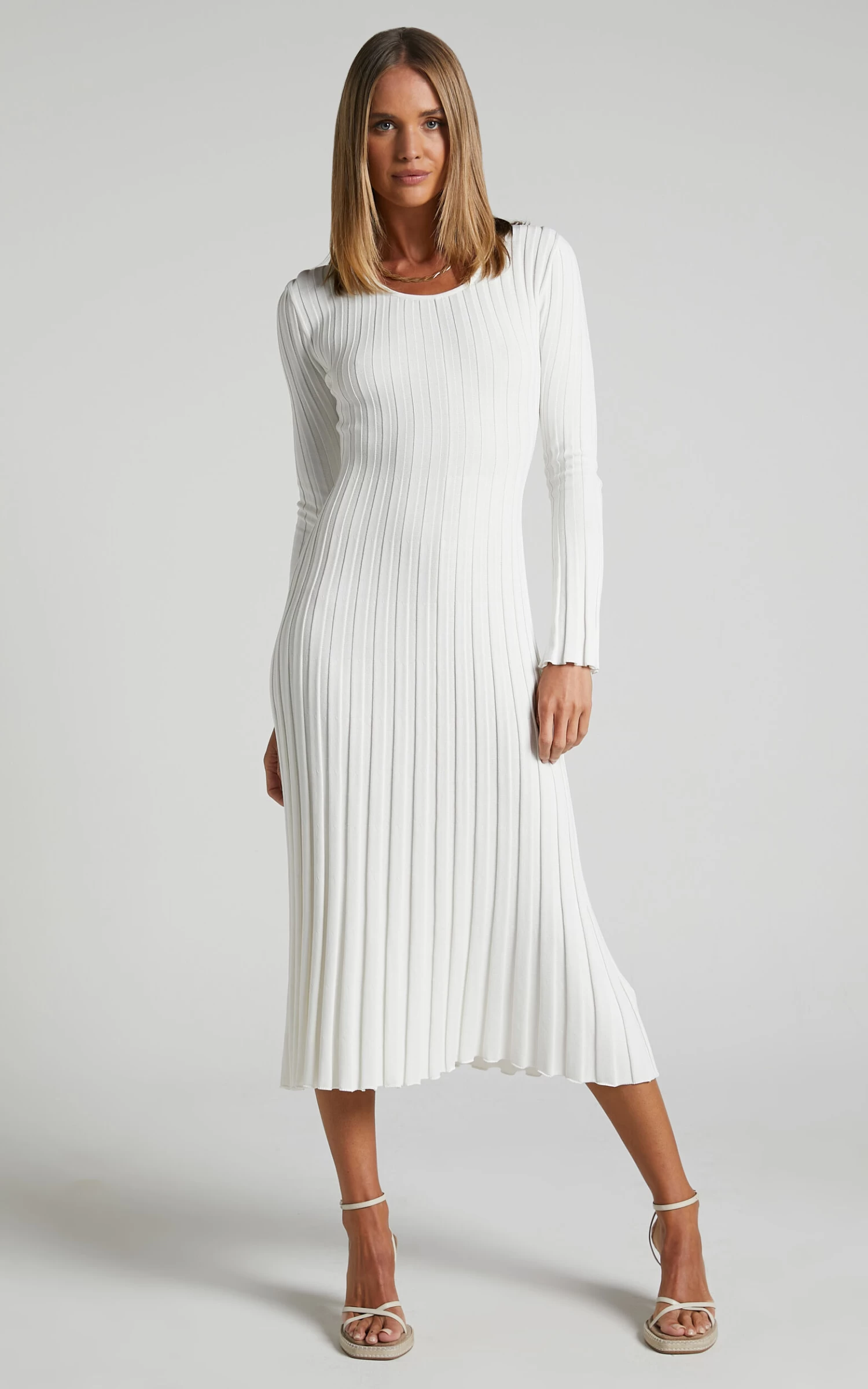 Showpo Blaire Long Sleeve Knit Flare Midi Dress In Ivory - Image 6
