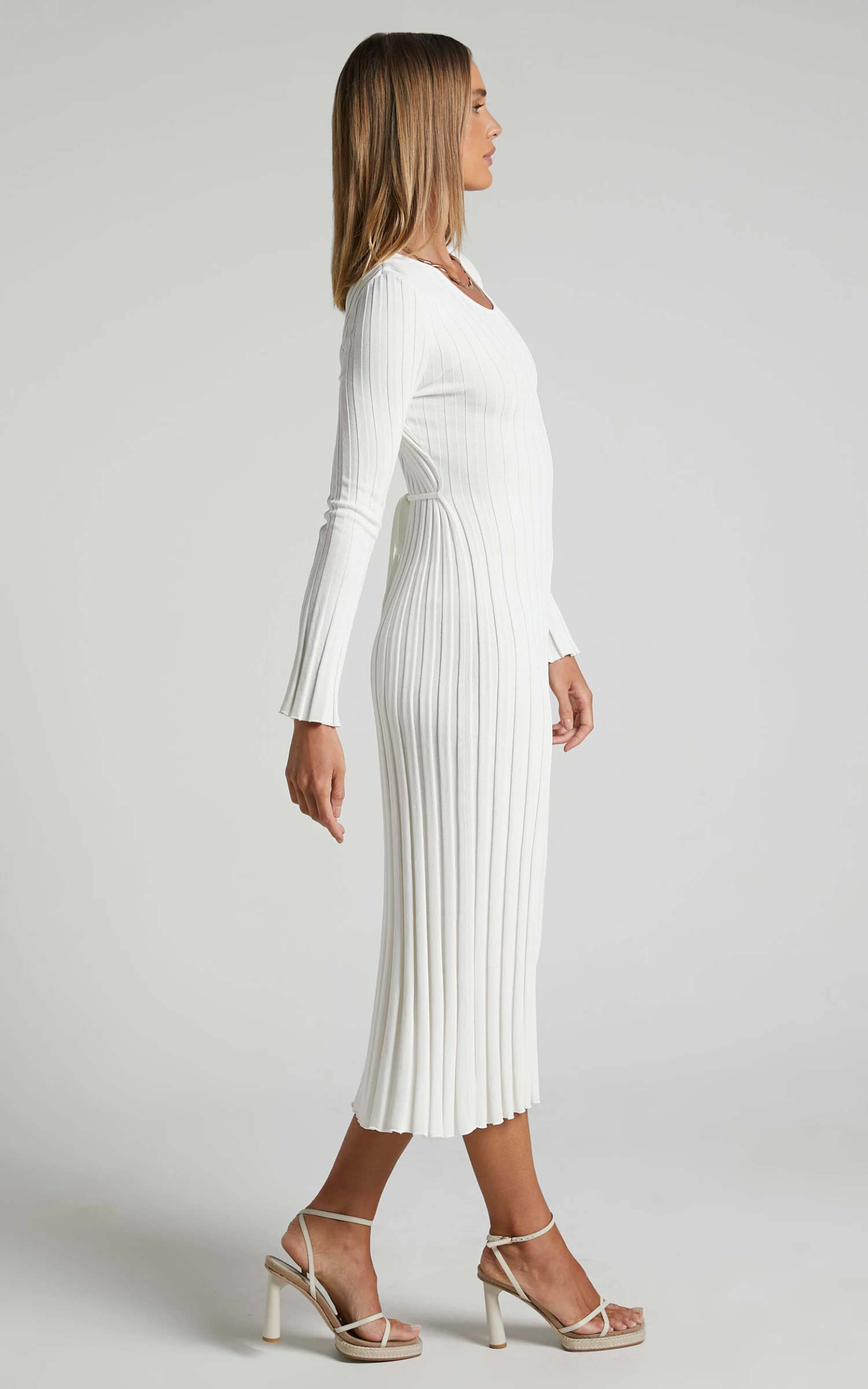 Showpo Blaire Long Sleeve Knit Flare Midi Dress In Ivory - Image 5