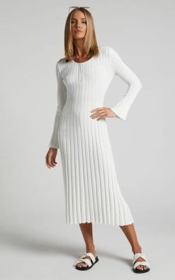 Showpo Blaire Long Sleeve Knit Flare Midi Dress In Ivory