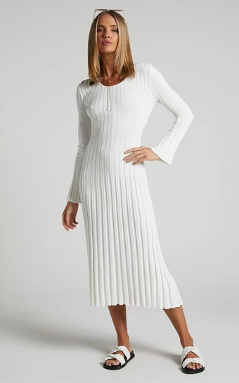 Showpo Blaire Long Sleeve Knit Flare Midi Dress In Ivory