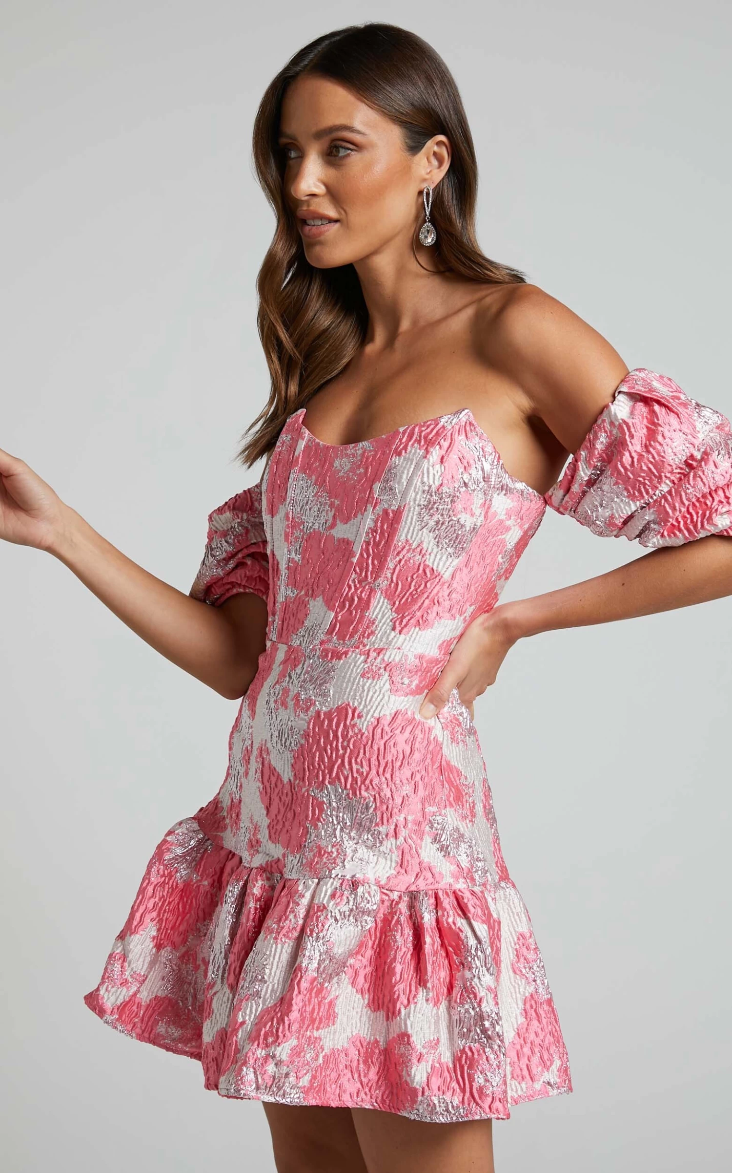 Showpo Brailey Mini Dress - Off Shoulder Corset Ruffle Hem Dress In Light Pink - Image 6