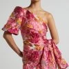 Showpo Brailey Mini Dress - One Shoulder Puff Sleeve Dress In Pink Jacquard