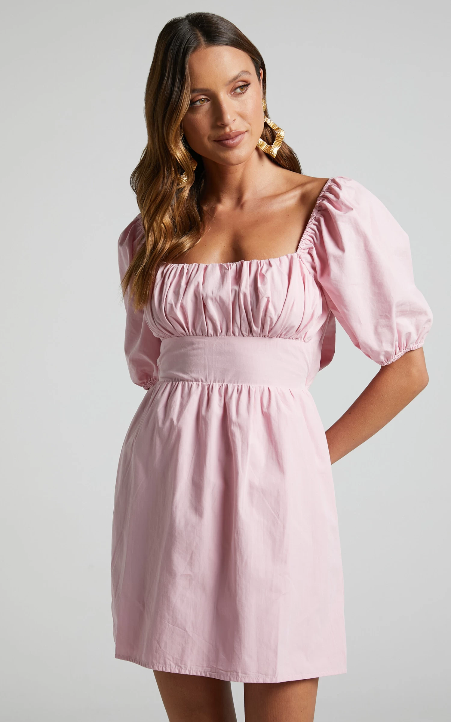 Showpo Branson Short Puff Sleeve Tie Back Mini Dress In Pink - Image 2