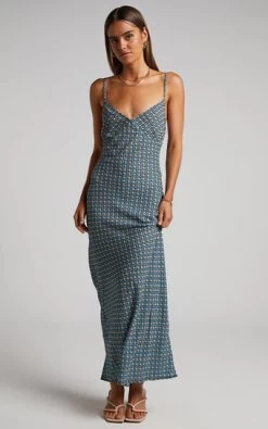Showpo Brunita Maxi Dress - V Neck Low Scoop Back Slip Dress In Tile Geo