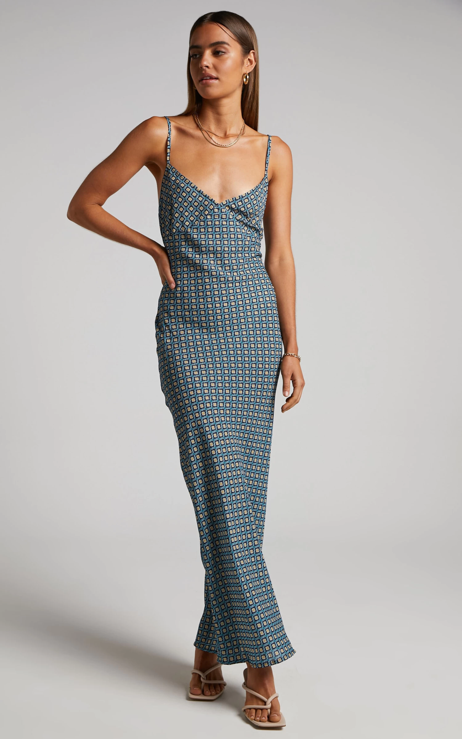 Showpo Brunita Maxi Dress - V Neck Low Scoop Back Slip Dress In Tile Geo - Image 4