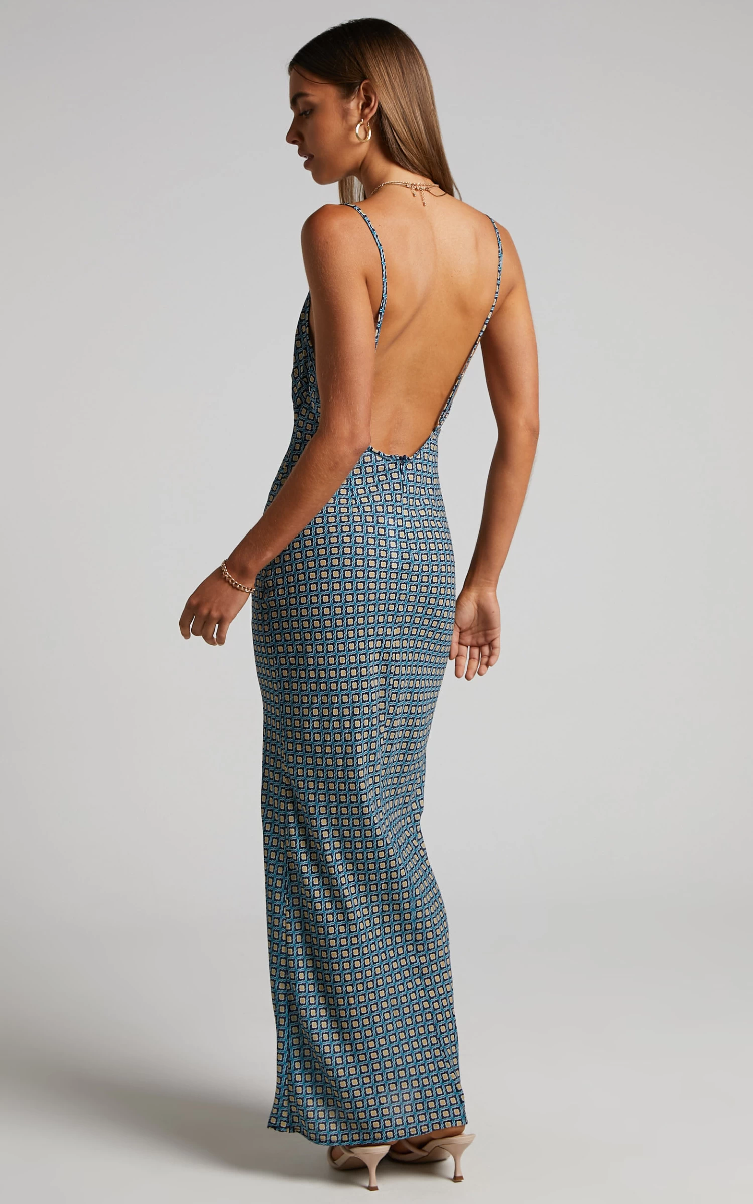 Showpo Brunita Maxi Dress - V Neck Low Scoop Back Slip Dress In Tile Geo - Image 5
