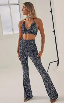Showpo Charito Bra And Flare Pant Set In Sequin In Black/silver