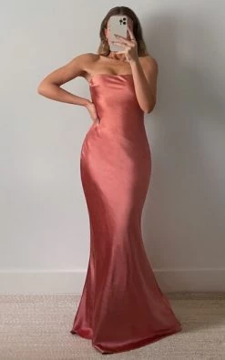 Showpo Charlita Strapless Cowl Back Satin Maxi Dress In Peach