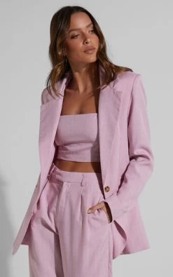 Showpo Marvilla Blazer - Single Breasted Shoulder Pad Blazer In Light Pink Pinstripe