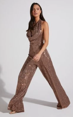 Showpo Julien Backless Wide Leg Cowl Neck Sequin Jumpsuit In Bronze