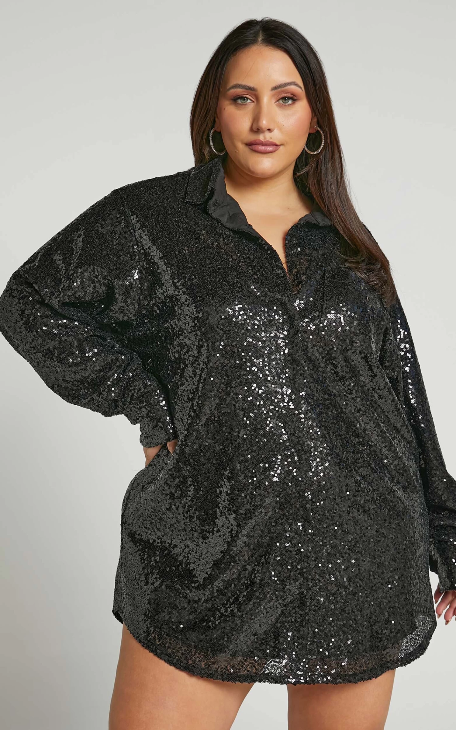 Showpo Cally Mini Dress - Oversized Shirt Dress In Black Sequin - Image 6