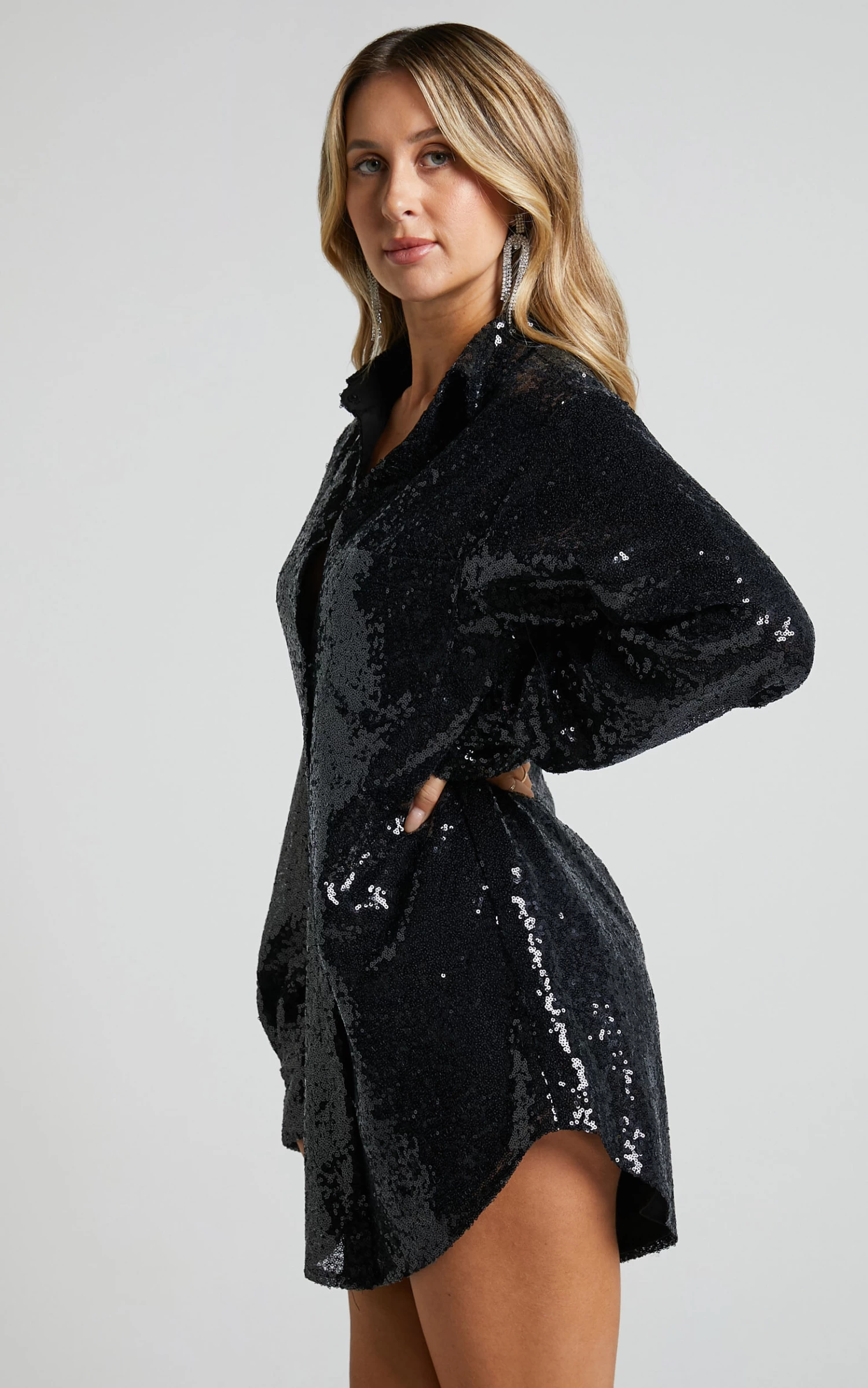 Showpo Cally Mini Dress - Oversized Shirt Dress In Black Sequin - Image 7