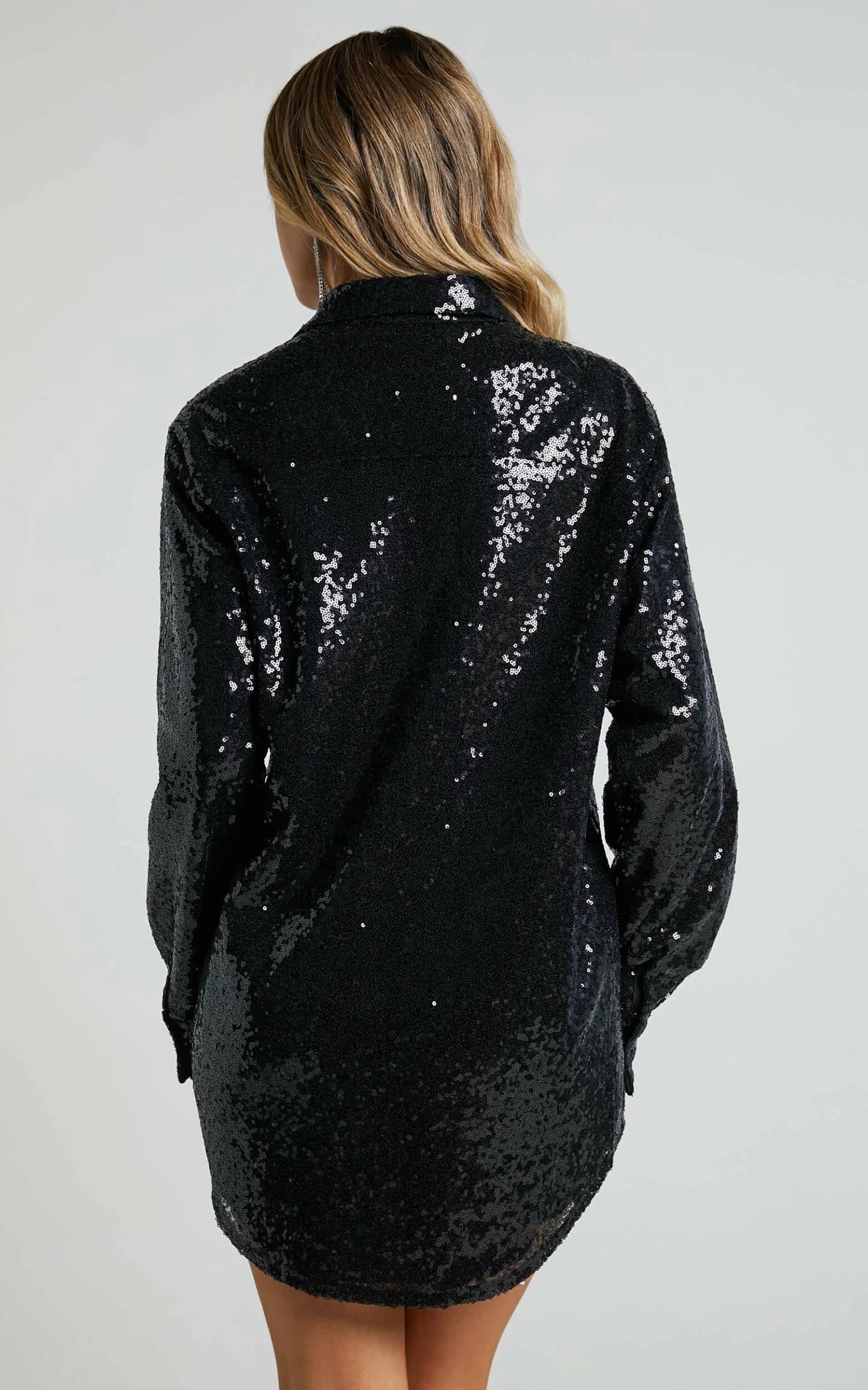 Showpo Cally Mini Dress - Oversized Shirt Dress In Black Sequin - Image 8