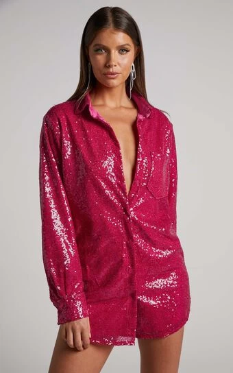 Showpo Cally Mini Dress - Oversized Shirt Dress In Cherry Sequin