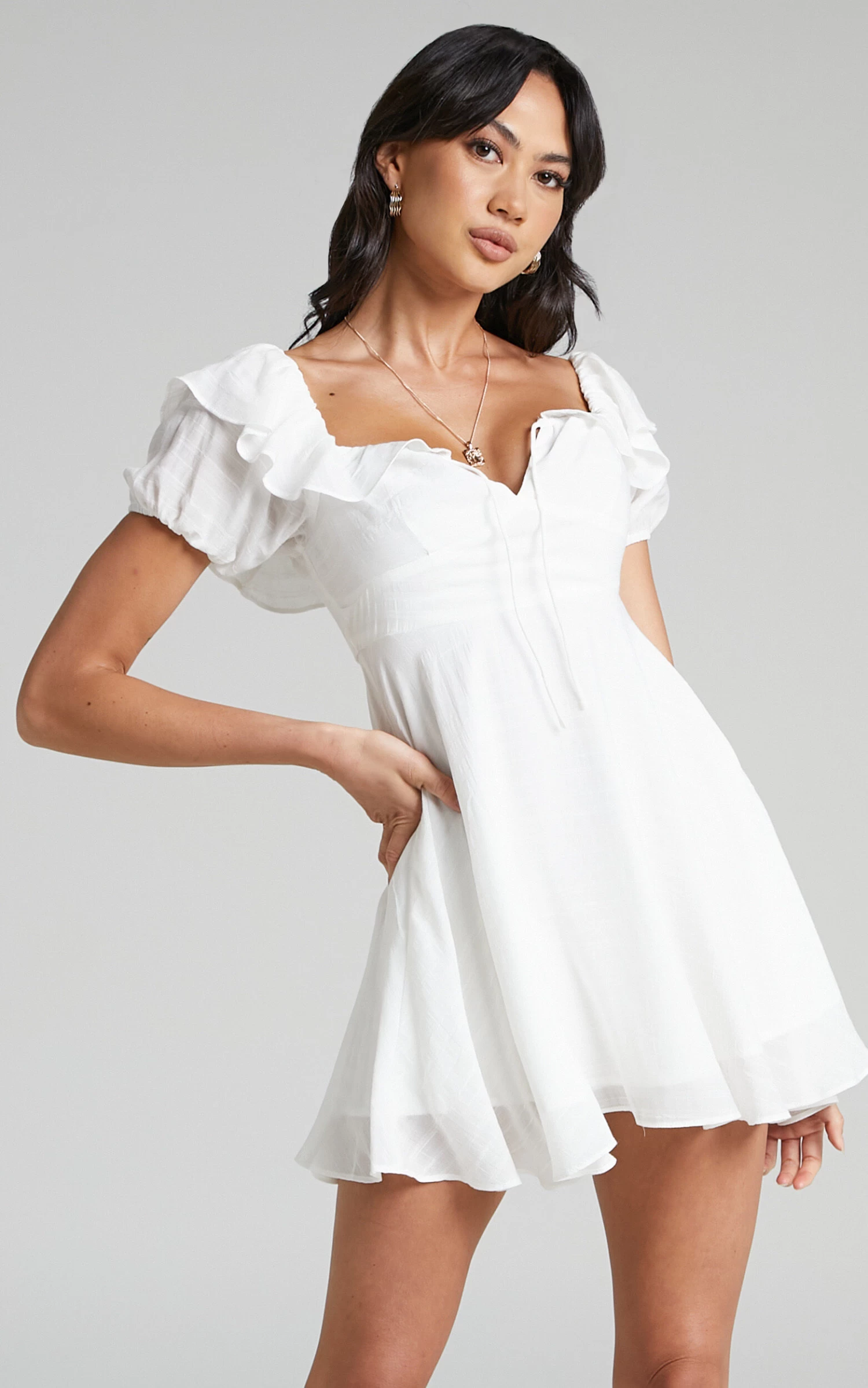 Showpo Canthe Frill Detail Puff Sleeve Off Shoulder Skater Dress In White - Image 2