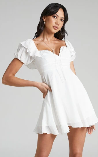 Showpo Canthe Frill Detail Puff Sleeve Off Shoulder Skater Dress In White