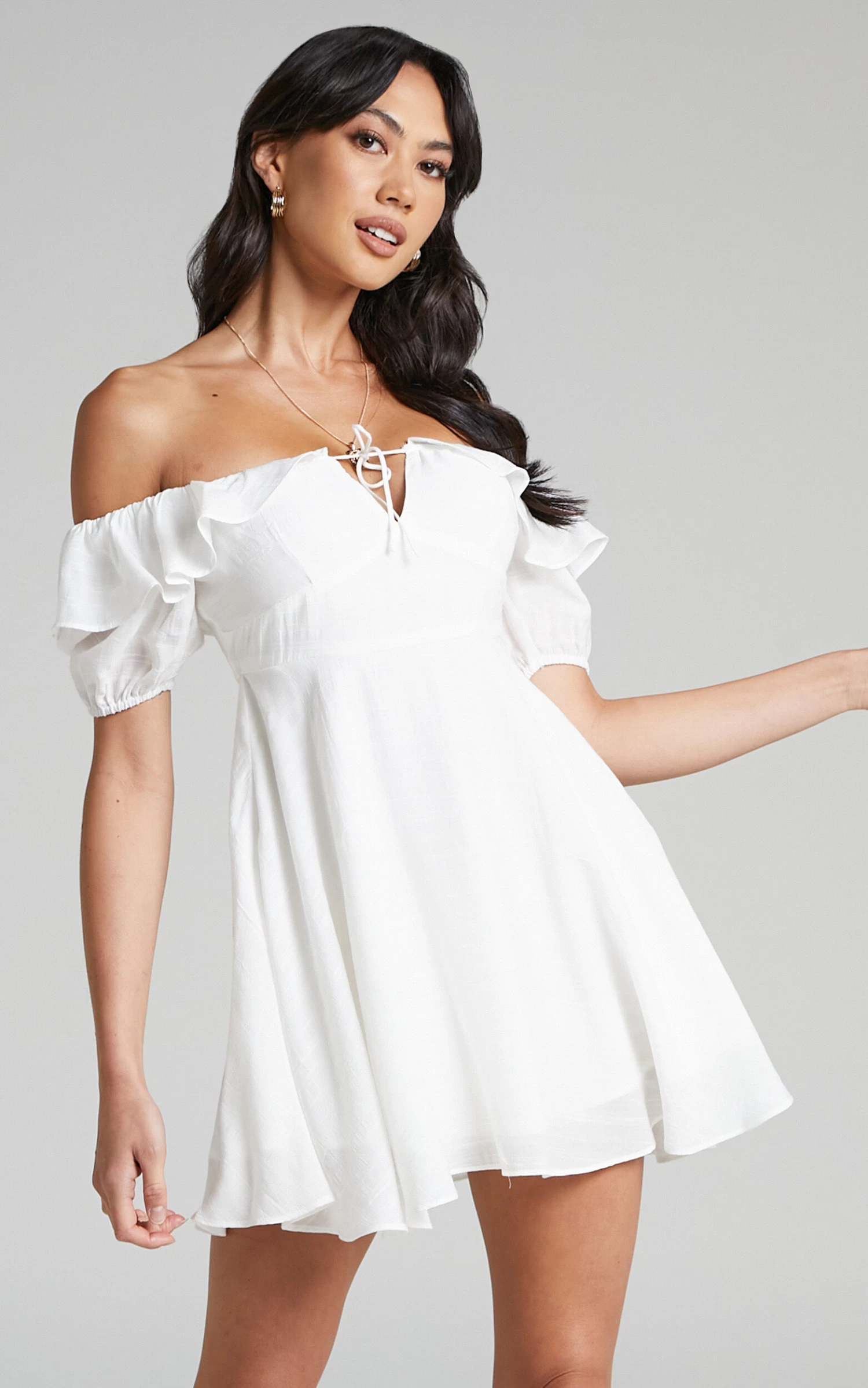 Showpo Canthe Frill Detail Puff Sleeve Off Shoulder Skater Dress In White - Image 4