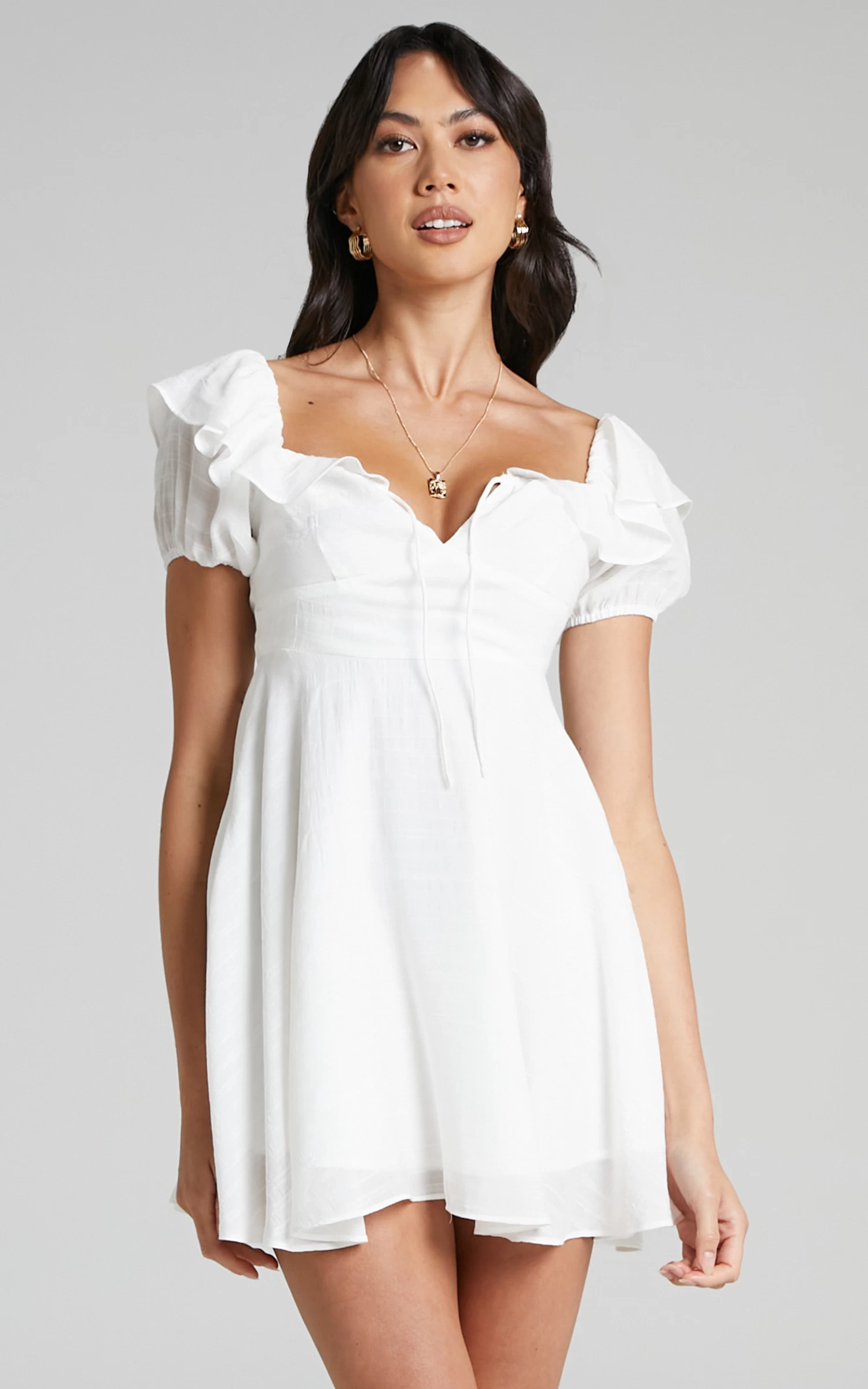 Showpo Canthe Frill Detail Puff Sleeve Off Shoulder Skater Dress In White - Image 3