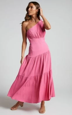 Showpo Celestia Midi Dress - Tiered One Shoulder Dress In Bright Pink