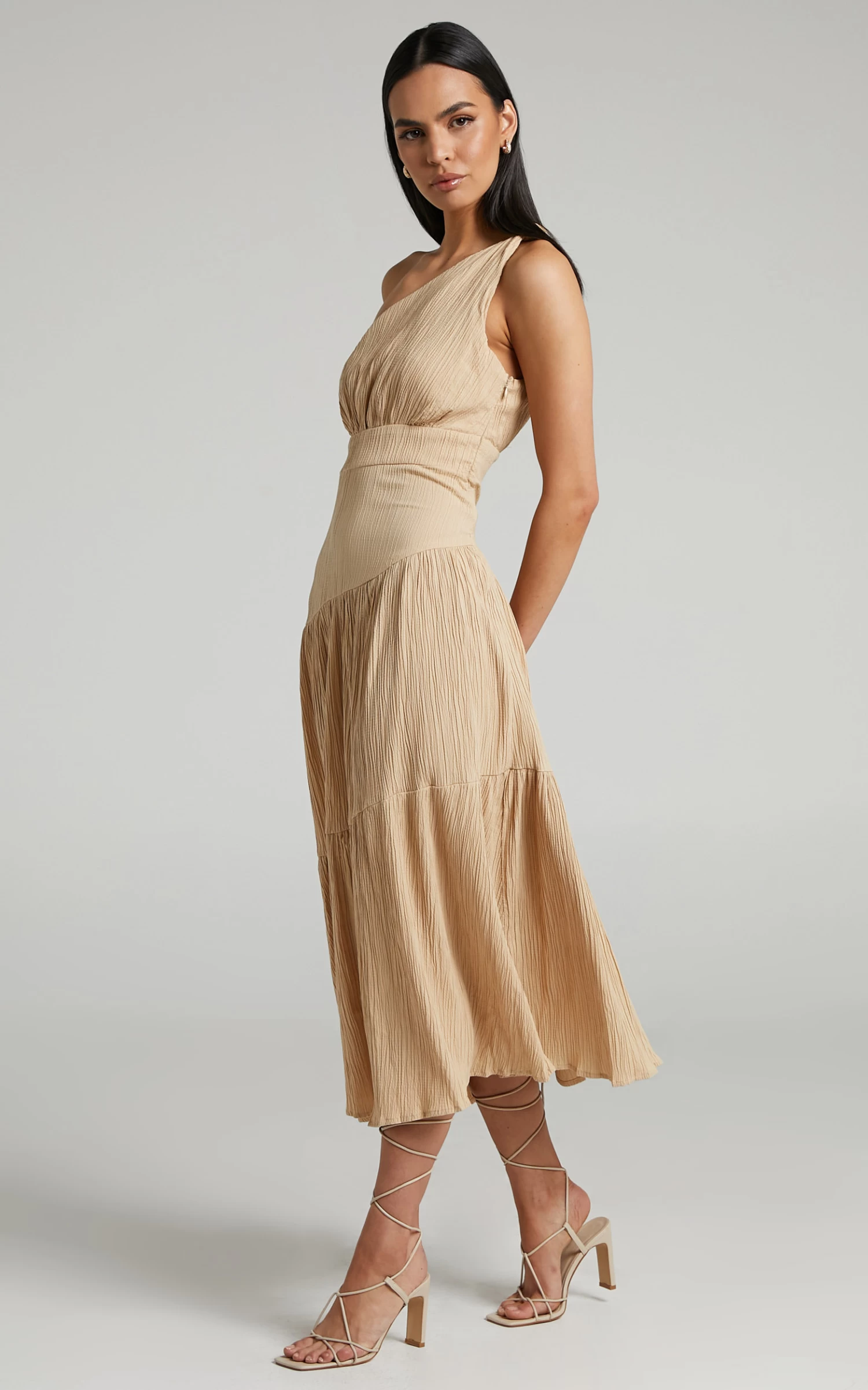 Showpo Celestia Midi Dress - Tiered One Shoulder Dress In Sand - Image 5