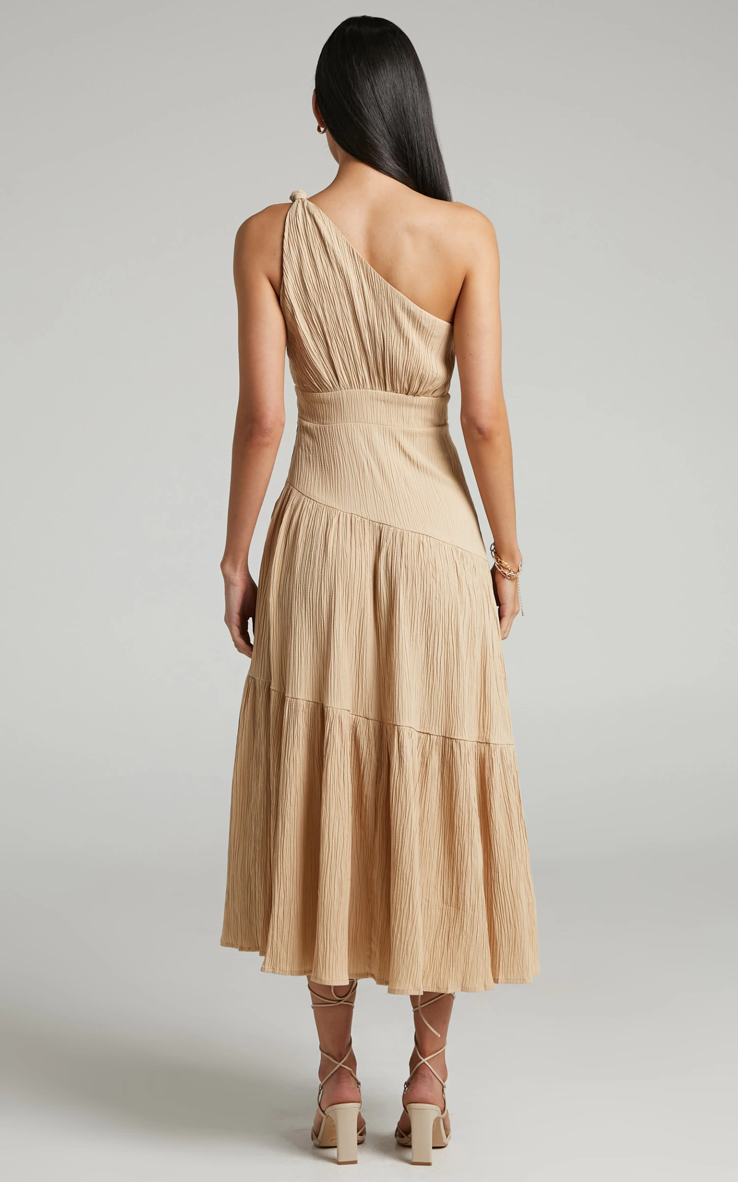 Showpo Celestia Midi Dress - Tiered One Shoulder Dress In Sand - Image 6