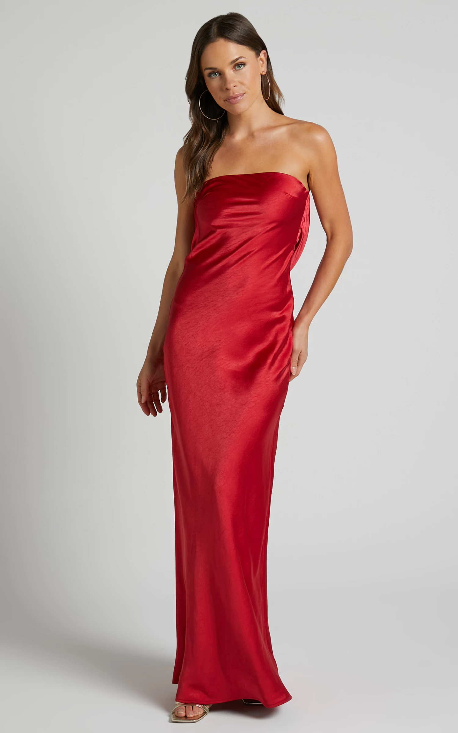 Showpo Charlita Strapless Cowl Back Satin Maxi Dress In Cherry Red - Image 4