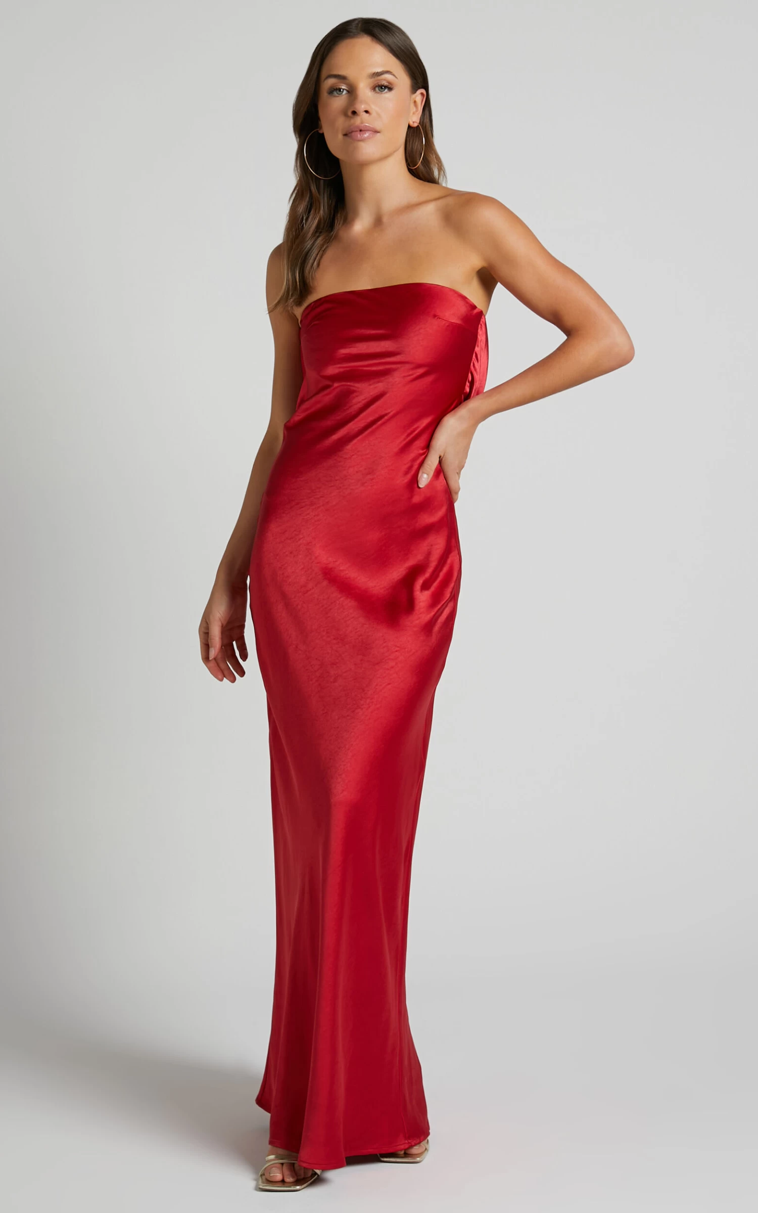 Showpo Charlita Strapless Cowl Back Satin Maxi Dress In Cherry Red - Image 2