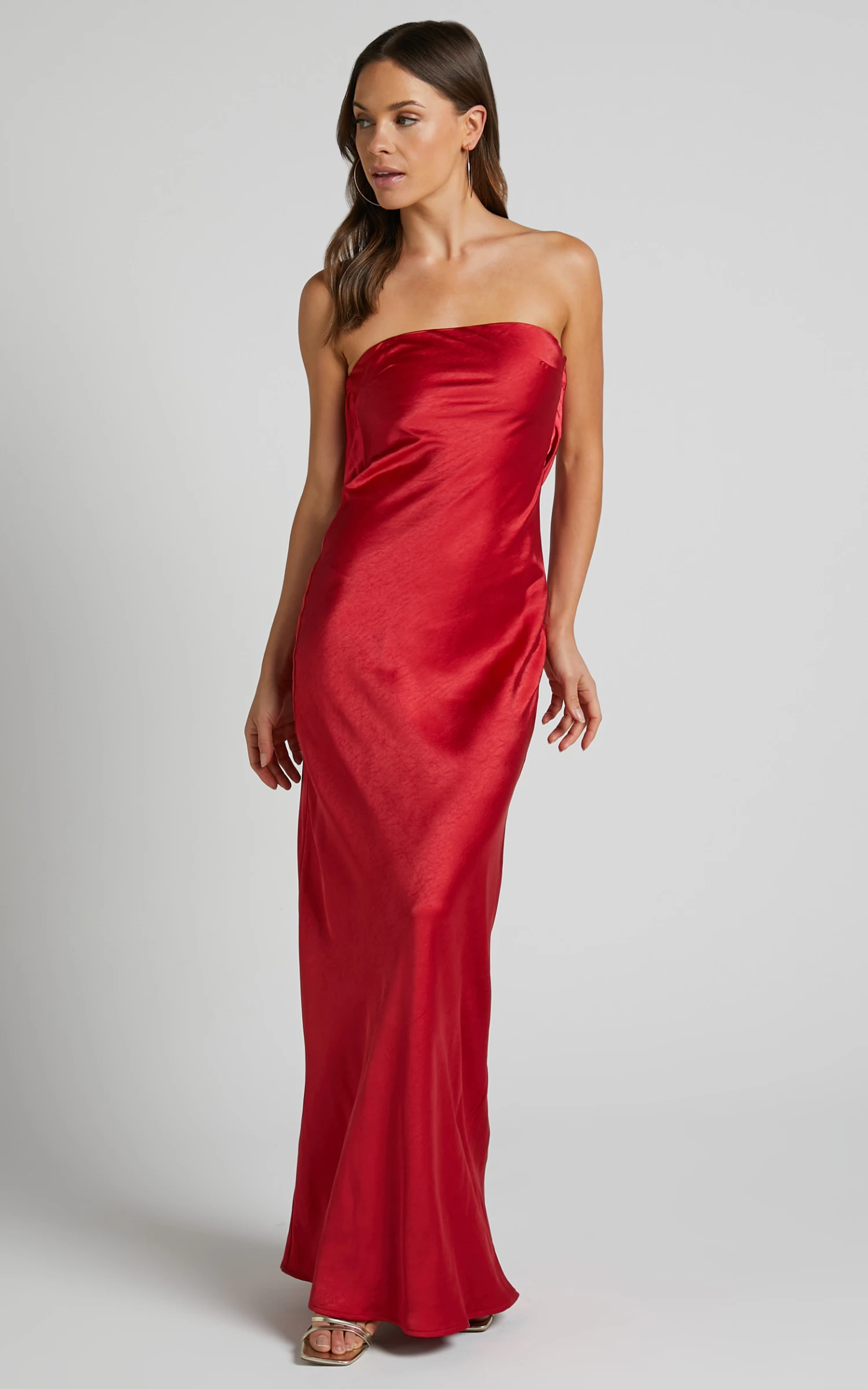 Showpo Charlita Strapless Cowl Back Satin Maxi Dress In Cherry Red - Image 5