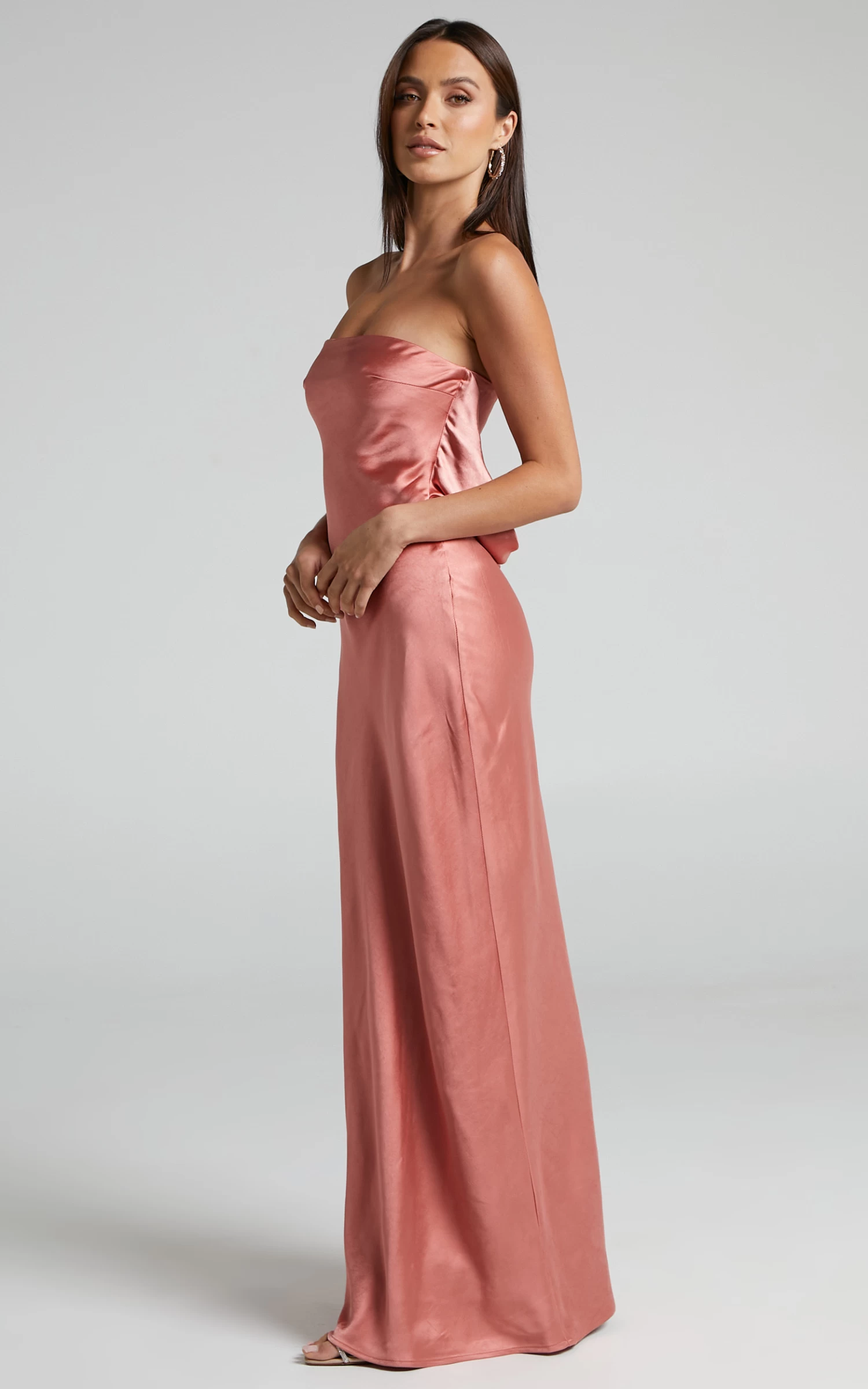 Showpo Charlita Strapless Cowl Back Satin Maxi Dress In Peach - Image 4