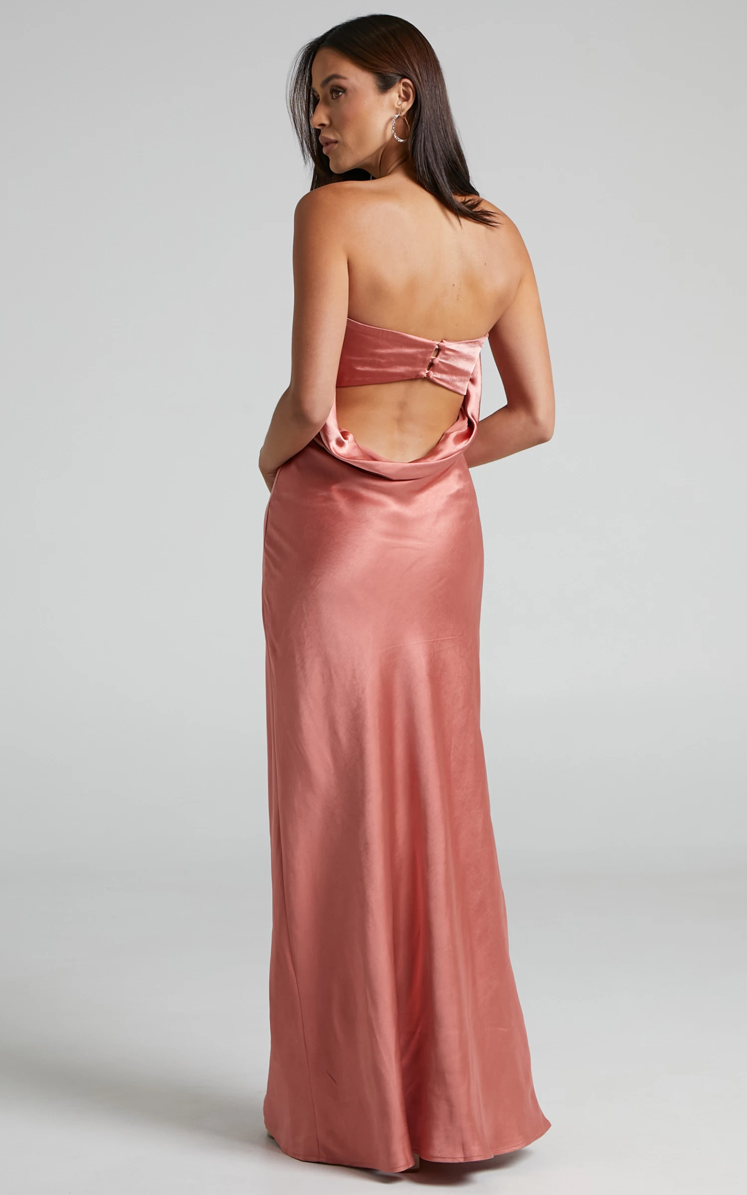 Showpo Charlita Strapless Cowl Back Satin Maxi Dress In Peach - Image 6